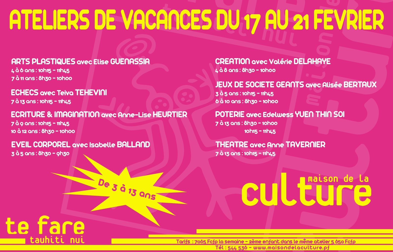 8 ateliers de vacances en février pour les 3 - 13 ans