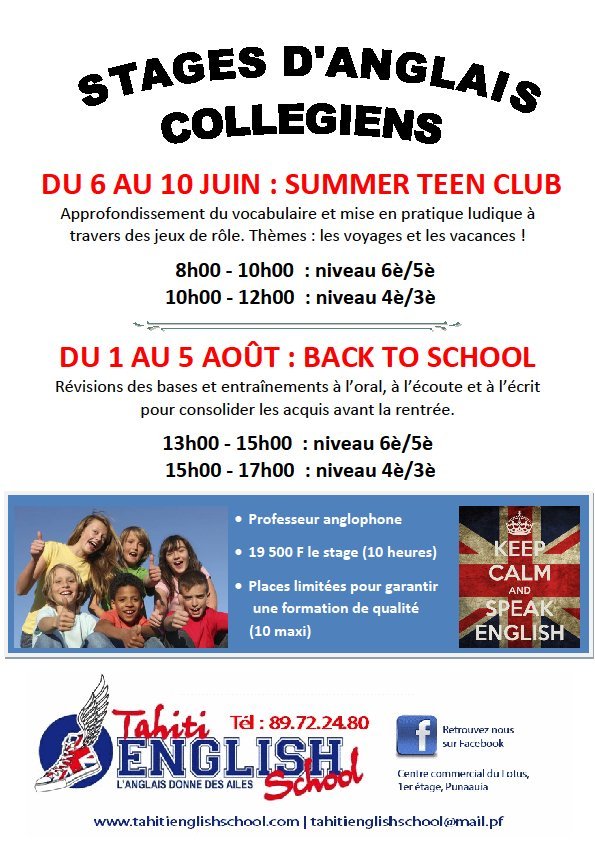 ENGLISH TEEN CLUB : Stages vacances pour collégiens à Tahiti English School