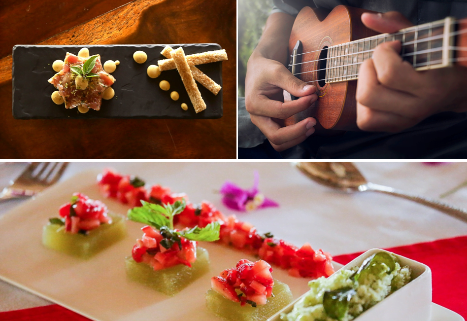 Dînez au son des ukulélés du trio HAUATA au Hilton Moorea Lagoon Resort & Spa…
